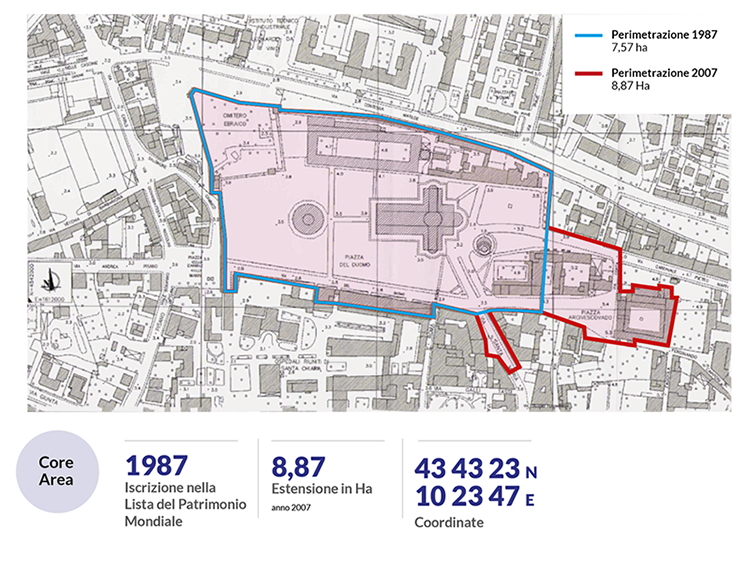 Identificazione della core area del sito di Piazza del Duomo a Pisa. Fonte: UNESCO World Heritage Center.