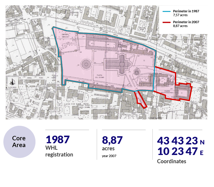 Identificazione della core area del sito di Piazza del Duomo a Pisa. Fonte: UNESCO World Heritage Center.